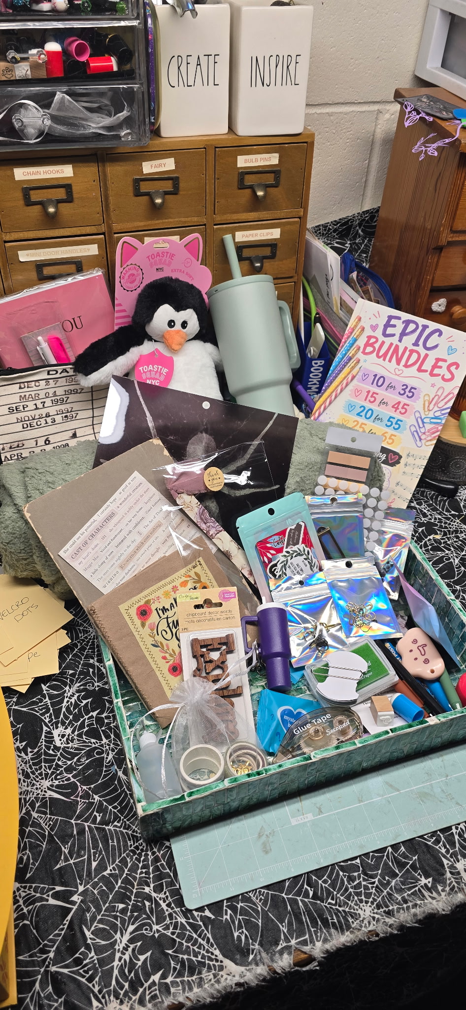 Junk journal bundle tray of vintage papers, tags, and supplies